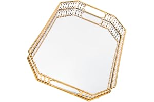 INOOMP Vintage Gold Iron Mirrored Tray for Vanity Perfume Jewelry Organizer Compact Decorative Tray for