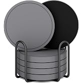 Azhou 6Pcs Absorbent Diatomaceous Earth Coasters Set with Velvet Bottom | 4 Inch, Water Absorbing, Quick Dry, Scratch-Resistant, Set with Holder, Reusable, Home Decor for Coffee Bar, Office Desk
