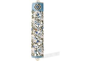 Matashi 3.5" Hand Painted Mezuzah with Scroll - Embellished with Ivy and Flowers Design, Blue Crystals - Jewish Holiday Housewarming Gift and Blessing for Christmas Holiday, Festival