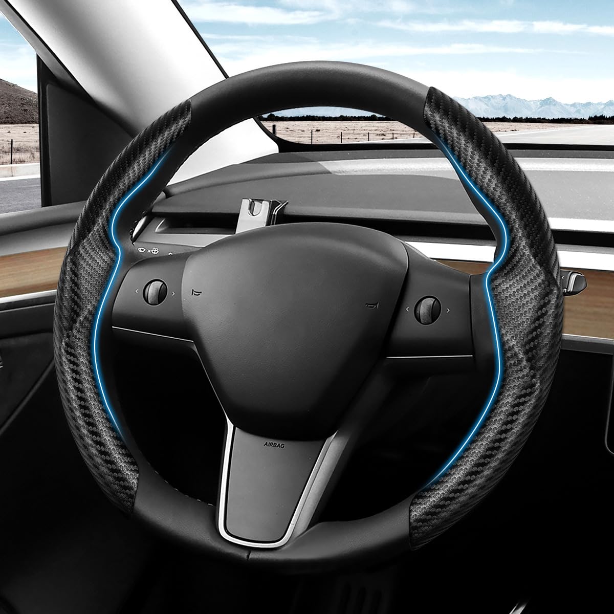 Photo 1 of Shademax for Tesla Steering Wheel Cover Tesla Model Y/3 2017-2025 2026 (Fit Model Y Juniper 2026/ Model 3 Highland) Carbon Fiber Steering Wheel Cover Protector Anti-Slip Model Y/3 Accessories (Black)