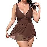 CUPSHE Women Tankini Sets Plus Size Two Piece Swimsuit High Waisted V Neck Mesh Ruched Self Tie Swim Dress