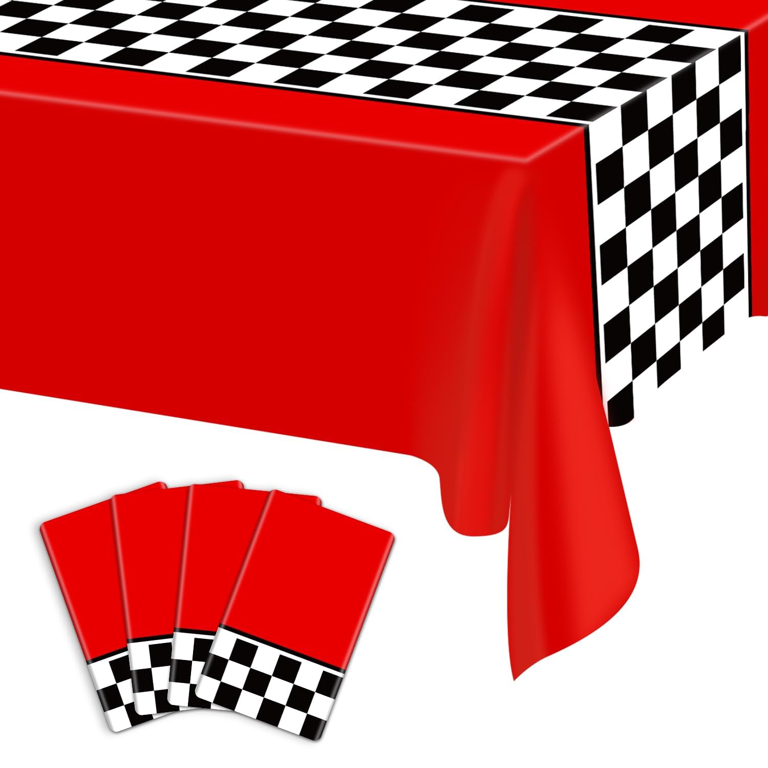 Photo 1 of 4 Pcs Racing Car Checkered Plastic Tablecloths, Race Car Party Supplies Racetrack Table Runner Rectangle Tablecover for Kid Boy Birthday Race Car Theme Party Two Fast Birthday, 51 x 86in