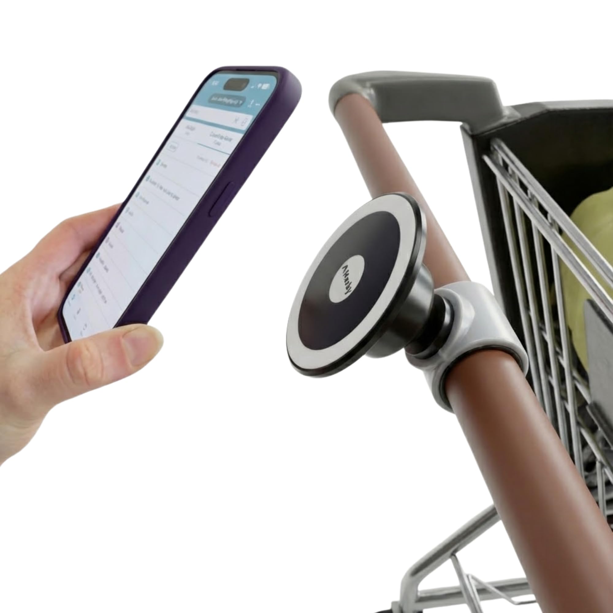Maxby Shopping Cart Phone Holder | MagSafe Compatible Magnetic Mount for Grocery & Supermarket Carts | Flexible Handlebar Clamp | Hands Free Cart Phone Mount for Lists, Coupons & Delivery Apps