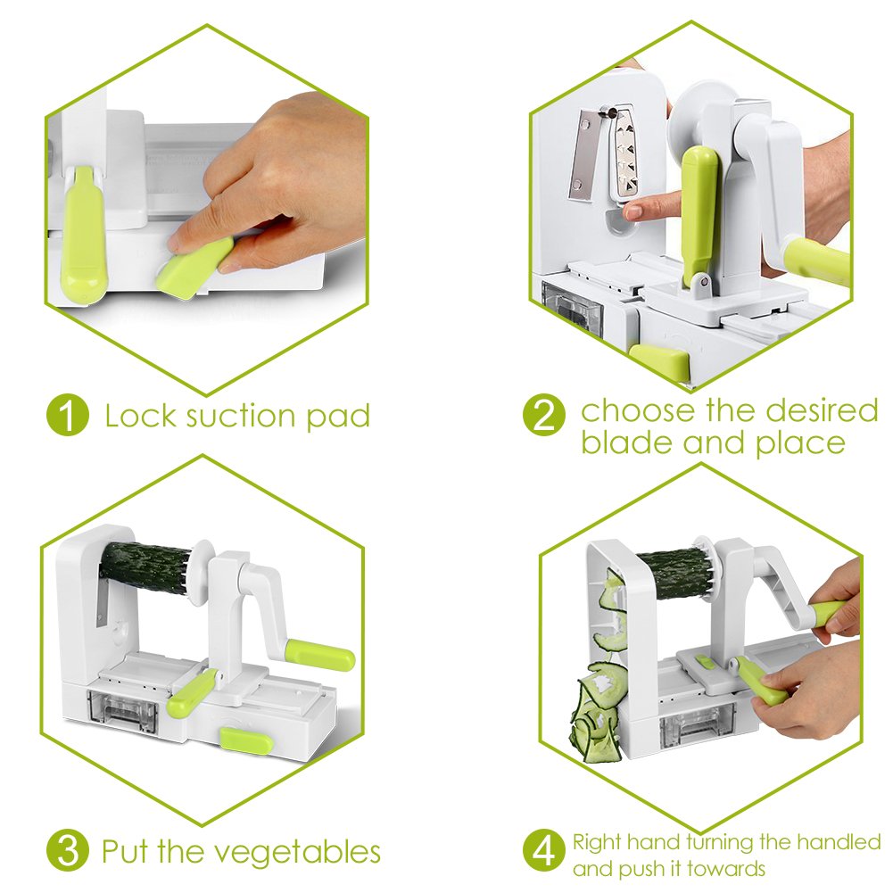 Coupe-Légumes Spirale de légumes avec 5 lames, Trancheuse à Spirale, Découpe-légumes facile à utiliser pour transformer vos fruits et légumes en spirales, juliennes, spaghettis, nouilles, rubans ou vermicelles