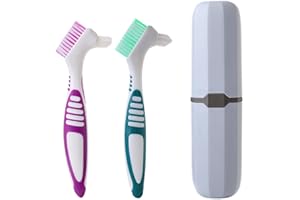 EXEXIUO 2Pcs Denture Cleaning Brush with Case Travel False Teeth Toothbrush with Multi-Layered Soft Bristles Effective Denture Cleaner Brushes kit Ergonomic Rubber Handle (Light Gray Case)