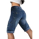 Flamingals Women's Bermuda Denim Straight Leg Shorts with Flap Pockets Mid Waist Casual Shorts Roll Hem