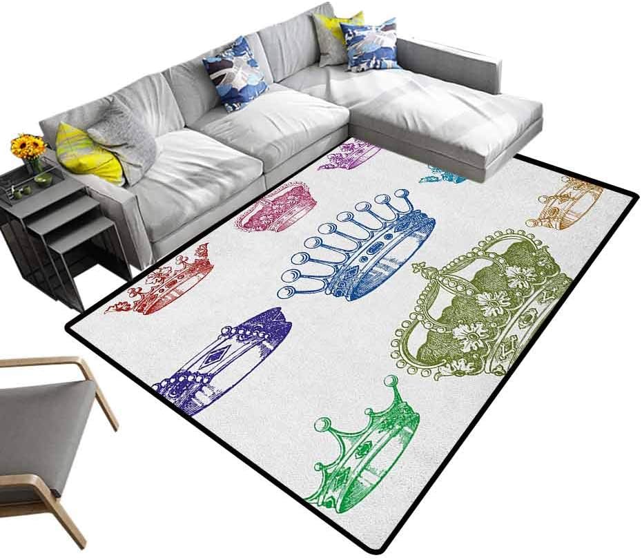 Queen Floor Mat Old Antique Crown Set in Baroque Style Colorful Rococo Retro Victorian Floral Details Carpet for Home Decor Multicolor (4'7"x5'2")