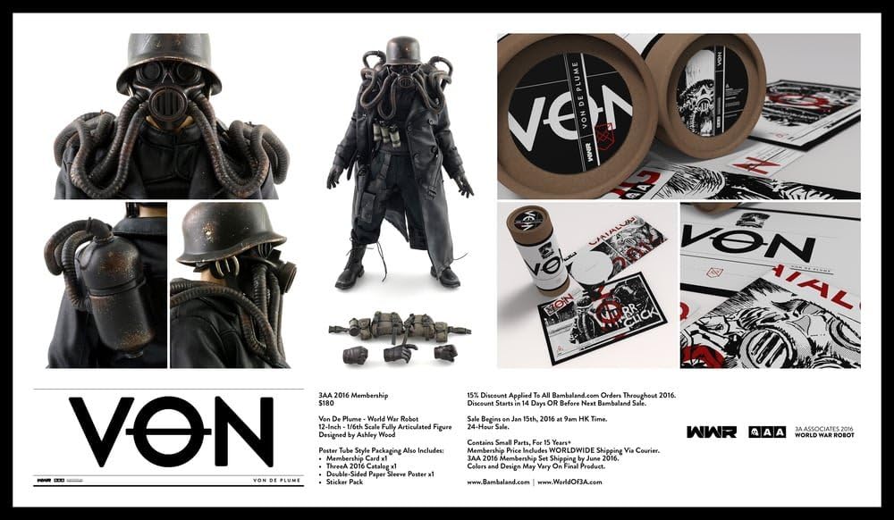 Hong Kong Toy Designer 3A 3AA THREEA 1/6 World War Robot Von De Plume Black & JJ MCGEE 2015 MEMBERSHIP SET Rare Action Figure 1pc