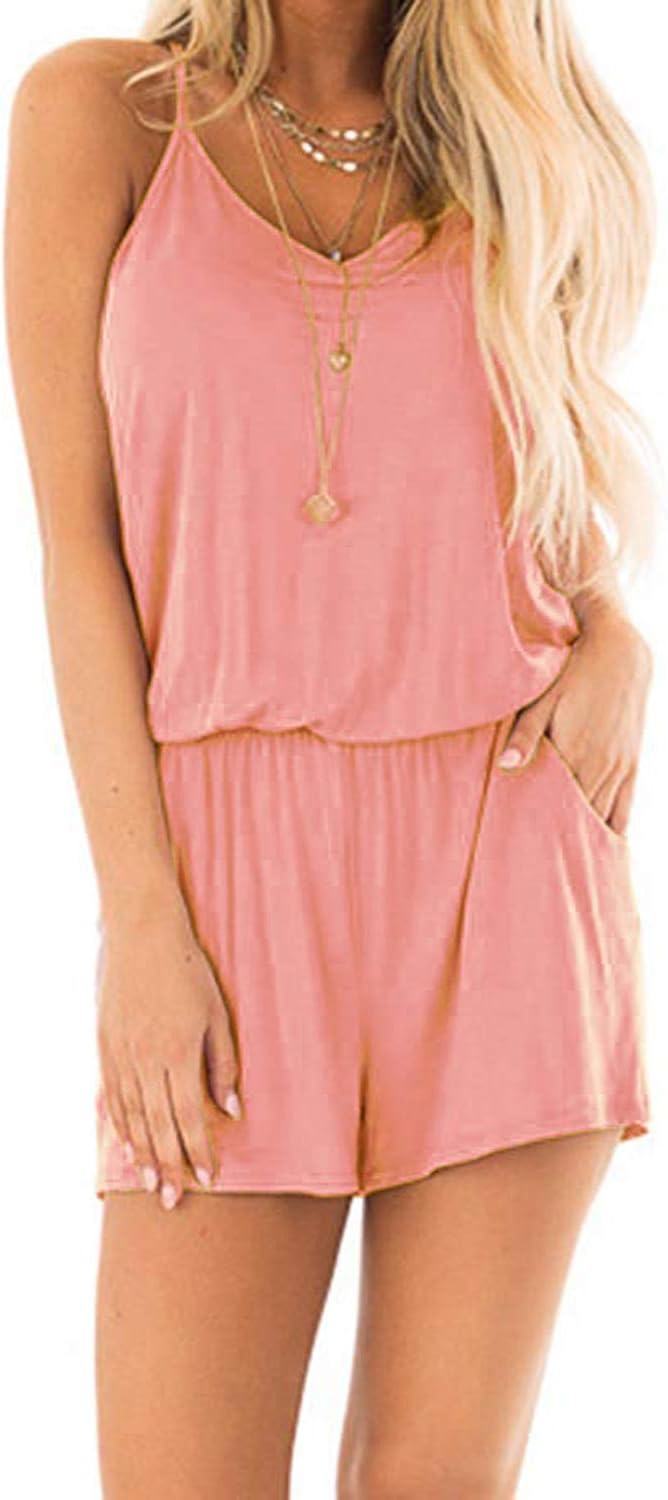Artfish Womens Summer Loose Spaghetti Strap Short Rompers Jumpsuits with Pocktes