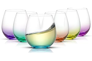 JoyJolt HUE Stemless Wine Glass Set. Large, 15 oz, Stemless, Set of 6. Short Wine Tumblers for White Wine, Red Wine, Water, No Stem Margarita Glasses, Colored
