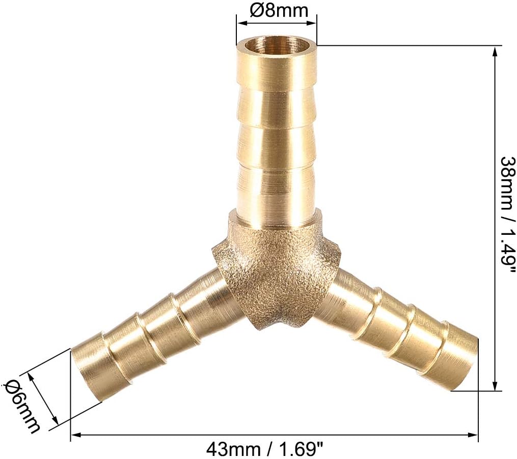sourcing map Tee Brass Barb Fitting Reducer Y Shape 3 Way Fit Hose ID 8x6x6mm, Gold, 8mm x 6mm x 6mm - Image 3