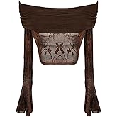 Milumia Women's Boho Floral Lace Off The Shoulder Top Ruched Long Bell Sleeve Sheer Crop Tops
