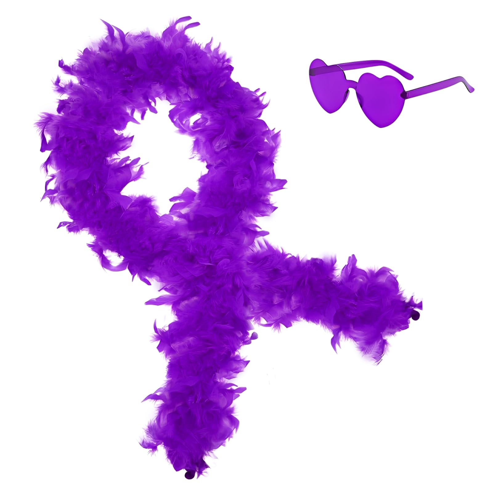SHENYI 2Pcs Colorful Fancy Dress Feather Boa Set, 6.6ft Feather Boa with Heart Rimless Sunglasses for Women, Artificial Fluffy Boa Decorations wit for Dancing Wedding Party Cosplay Halloween (Purple)