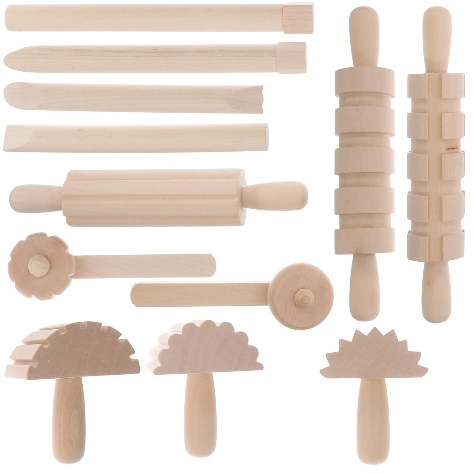 jojofuny 12pcs Wooden Clay Modelling Tools Set: Kids Rolling Pin Set for Dough, Crafts, Baking, Stamping - Plasticine Tools for Creative DIY Activities Crafting
