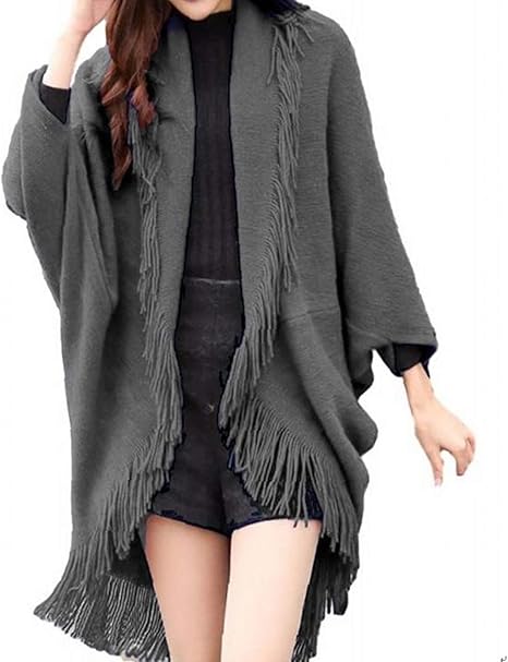 Amazon トーアソーア ロング カーディガン レディース 秋 冬 物 モモンガ ゆったり 大きいサイズ 厚手 あったか お尻 おしゃれ かわいい ゆる ポンチョ フリンジ ストール ドルマン スリーブ グレー カーディガン ボレロ 通販