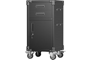 GLADIW Metal Storage Cabinet, Garage Storage Cabinet with 2 Drawers and 1 Locking Door, Heavy Duty Rolling Cabinet Workbench Table with Wheels and Pegboards for Garage, Office and Tool Room