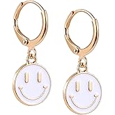 Preppy Earrings for Women Smile Face Charms Pendant Gold Small Huggie Hoop Dangle Drop Earrings Trendy Jewelry Gifts