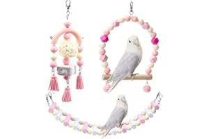 BARN ELEVEN 3PCS Bird Toys Bird Foraging Toys Parakeet Toy Chewing Hanging Toy Bird Cage Swing Toys Bird Cage Accessories Bird Climbing Ladder for Conure Cockatiel Budgies Lovebird Parrotlet (Pink)