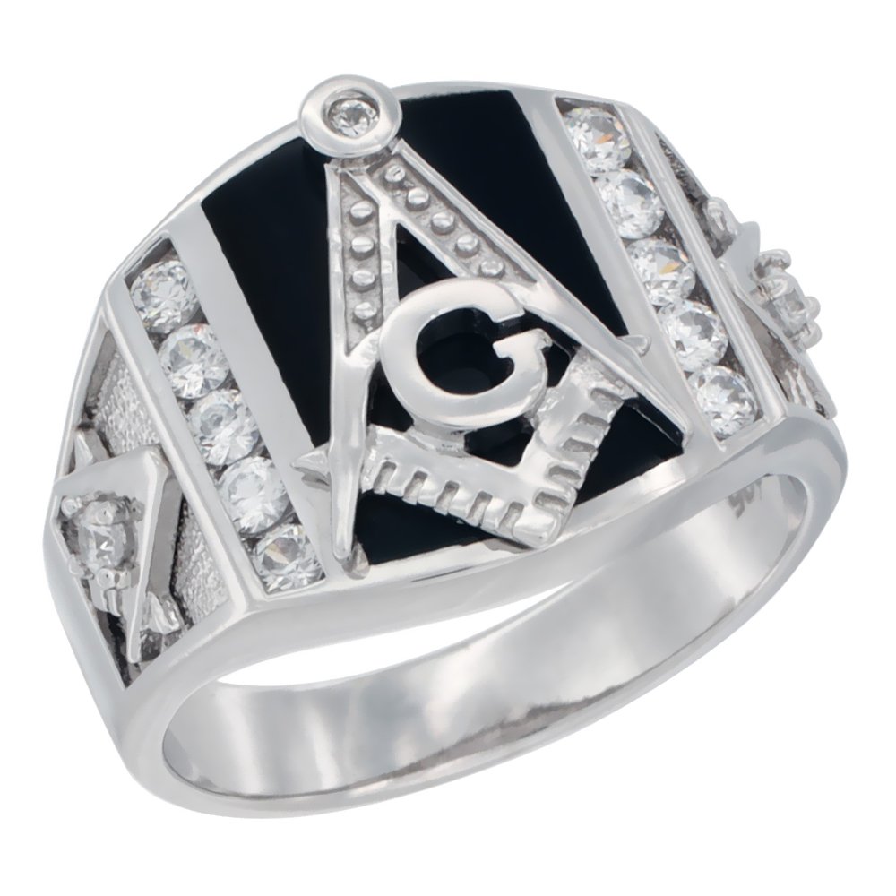 Mens Sterling Silver Cubic Zirconia Masonic Ring Rectangular Black Onyx 5/8 inch Wide