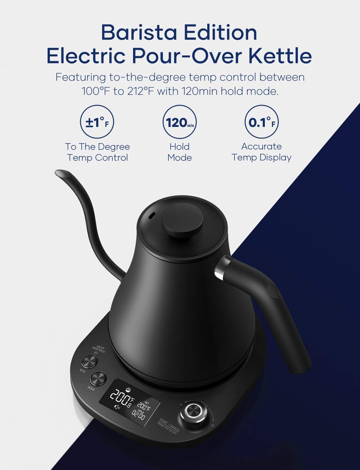 Aicook Electric Gooseneck Kettle Temperature Control, Pour Over Kettle for Coffee and Tea, 100% Stainless Steel Inner Lid and Bottom, 1200W Rapid Heating, 0.8L, Matte Black: Kitchen & Dining