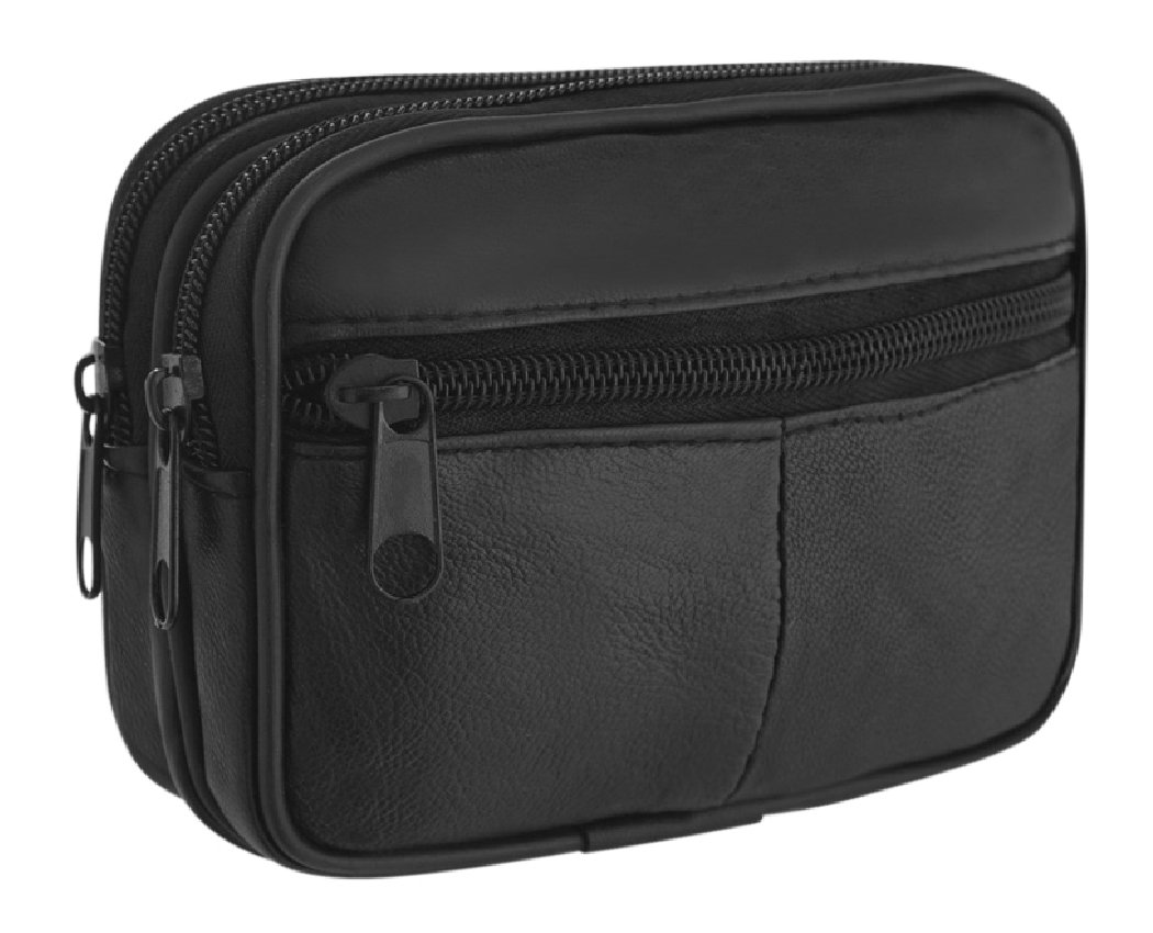 Men's Black Leather Waist Bag with Fixed Belt Loop, Money Belt