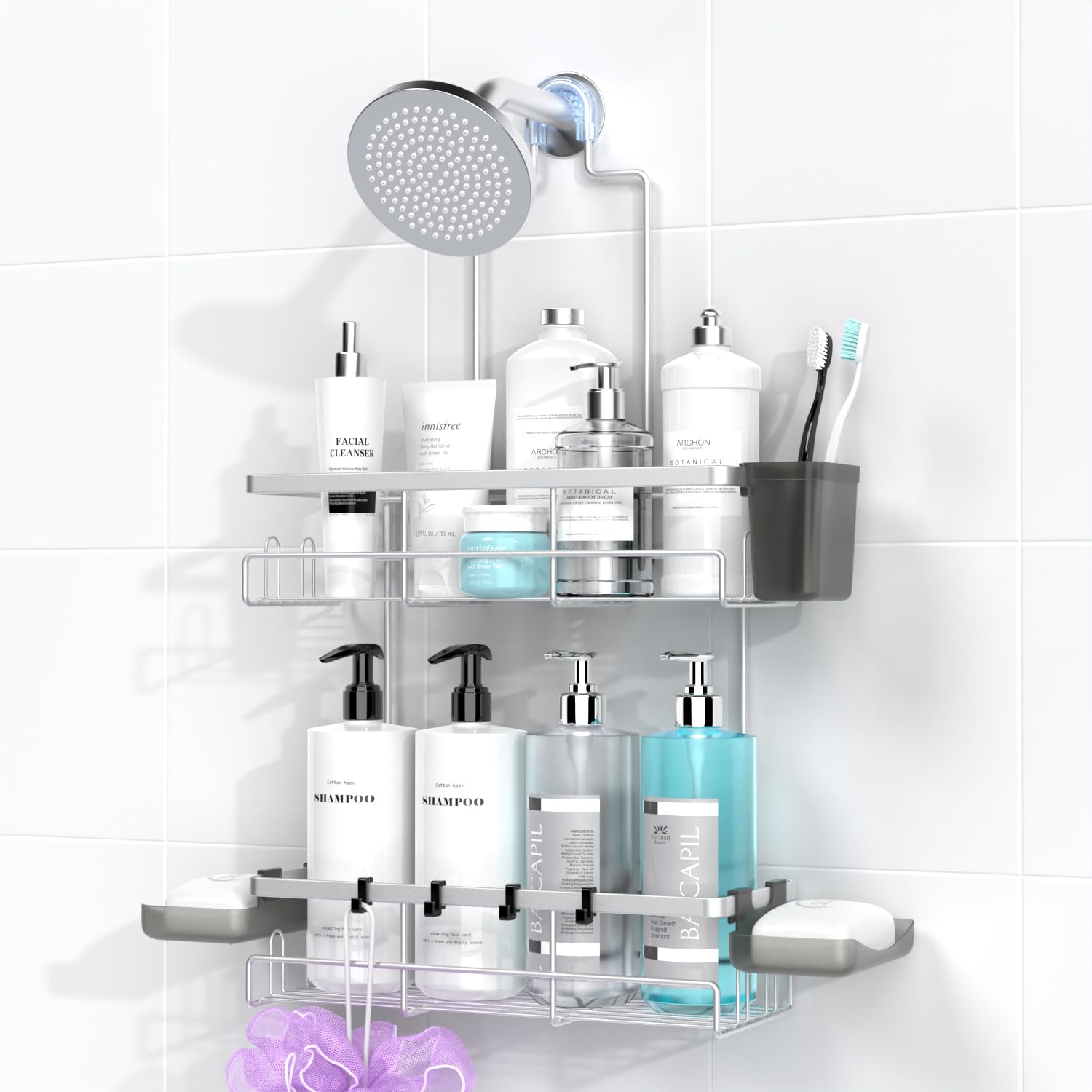 Photo 1 of AKTECKE Shower Caddy Hanging Bathroom Organizer: Rustproof Shower Shelf for Inside Shower - No Drilling Shower Racks Over Showerhead - Bath Shelves Rack for Shampoo Soap Chrome