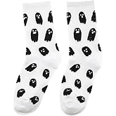 MMIUAEG Multiple Colors Halloween Ghost Print Crew Socks | Spooky Ghost Pattern, Unisex Design, Crew Length, Black White & Orange, Halloween Theme