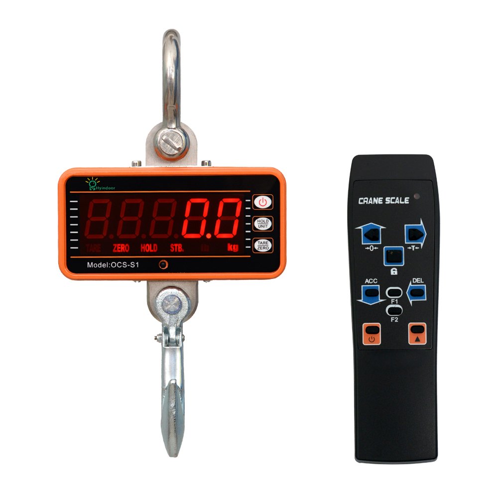 Hyindoor Crane Scale, 1 Ton, High Resolution, Electronic Industrial Scale, Hanging Hook, LED Display with Remote Control (1000 kg)