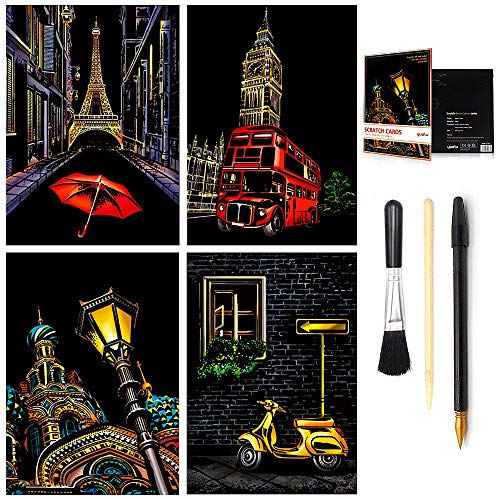 MIASTAR Scratch & Sketch Art for Kids & Adults, Rainbow Painting Night View Scratchboard(A4), Art & Craft, Scratch Art Set: 4 Sheets Scratch Cards & Scratch Drawing Pen, Clean Brush (Street Corner)