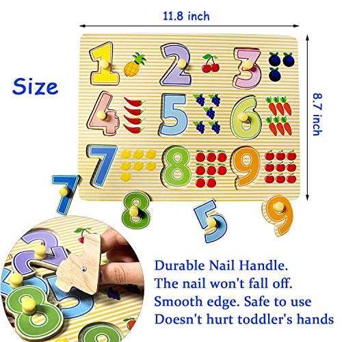 Kids Wooden Alphabet ABC, Numbers 123 and Shapes Learning Puzzles Board, 3 Puzzle Set Preschool Educational Peg Puzzles Montessori Toy for 1 2 3 Year Olds Toddlers Baby Girls Boys