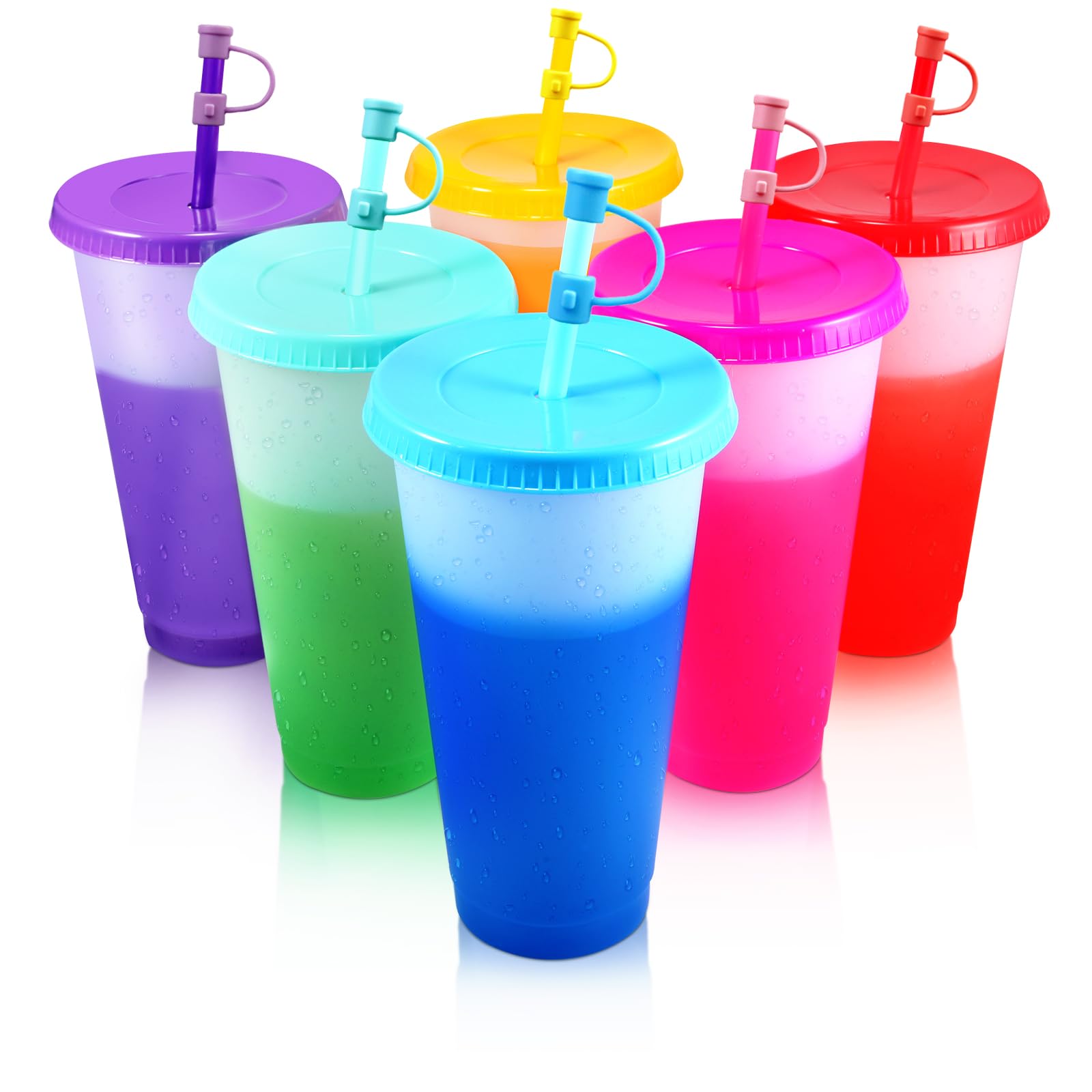 6 Stück Plastikbecher Trinkbecher Becher mit Deckel & Strohhalm Abdeckung - 710ml Mehrweg Tasse Farbwechselbecher Kaffeebecher to go Becher für Eiskaffee Kaltes Trinken Smoothie (mit Stroh Abdeckung)