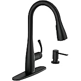 Moen Essie Matte Black Single Handle Pull-Down Sprayer Kitchen Faucet with Soap Dispenser, Reflex and Power Clean Technology, 87014BL