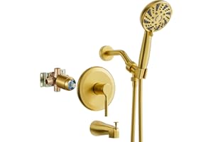 Brushed Gold Shower Faucet Set with Handheld Spray, 6 Setting Rain Combo System High Pressure Shower Head and Tub Spout for B