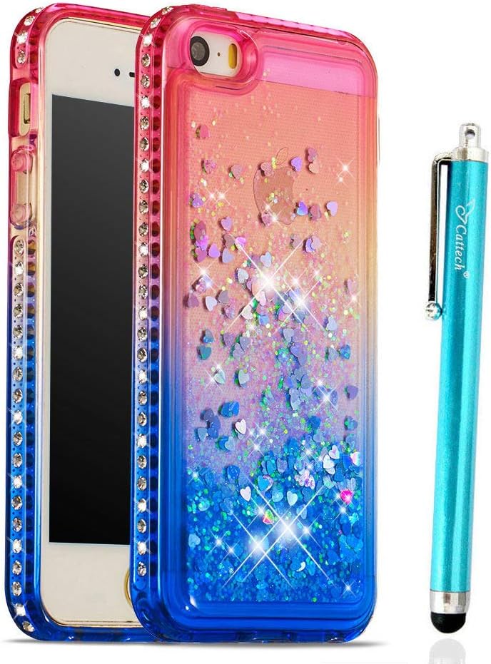 Glitter Case for iPhone 5/5S/SE, Cattech Liquid Quicksand Waterfall Flowing Sparkle Shiny Bling Diamond Luxury Pretty Fashion Cute Girls Women for iPhone SE iPhone 5 5S Case + Stylus (Pink/Blue)
