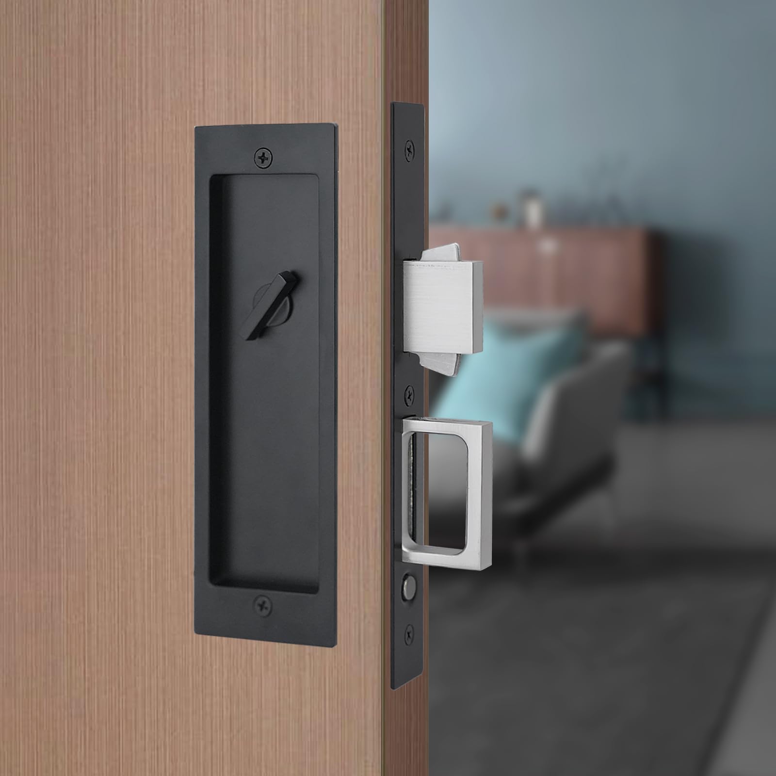 Photo 1 of Pocket Door Hardware Mortise Lock with Pull, Privacy Recessed Handle Latch,Invisible Sliding Door Lock (Black, Privacy)