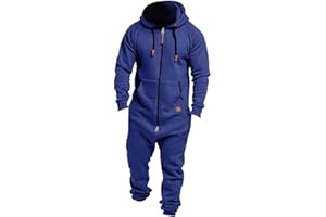 TOIPKT Men's Fleece Lined Hooded Jumpsuit Zip Up One Piece Pajamas Playsuit Jogger Sweatsuit Overall Romper