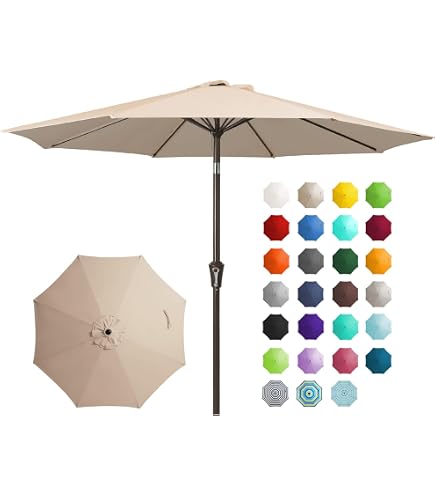 Blissun 9' Outdoor Patio Umbrella, Outdoor Table Umbrella, Yard Umbrella, Market Umbrella with 8 Sturdy Ribs, Push Button Tilt and Crank (Tan) : Patio, Lawn & Garden