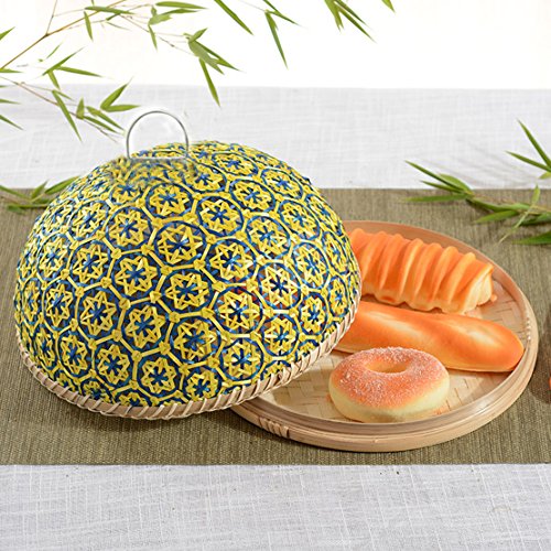 Coralpearl Bamboo Wicker Rattan Woven Table Serving Trays Food Storage Plate Platters with Handles and Fly Dome Lid Cover for Picnic Party Bread,Cake,Pizza,Dry Fruit,Dessert,Indoors Outdoor (Bamboo 2)