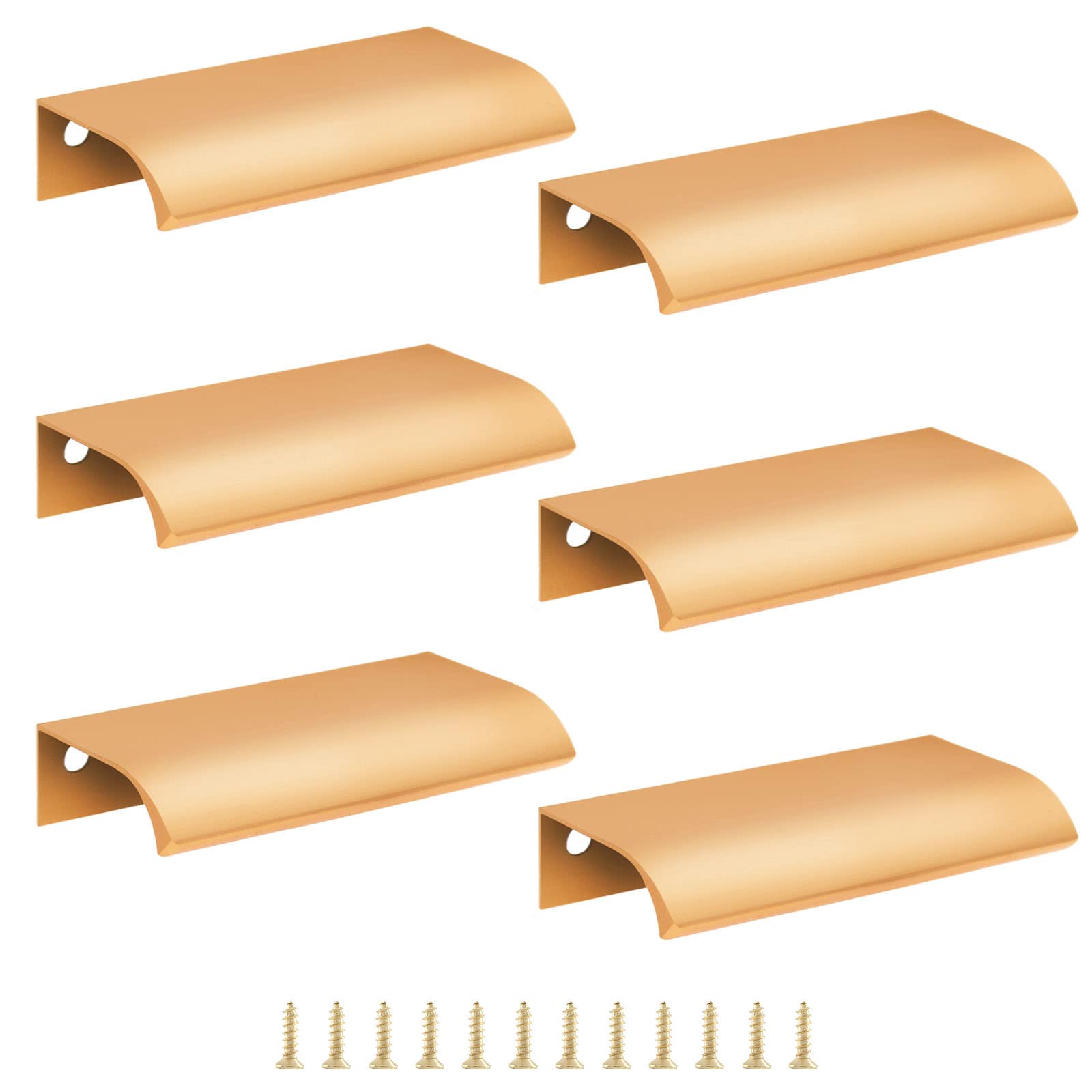 Cjueiom 6 Pack Concealed Kitchen Cupboard Handles 64mm Hole Center Hidden Drawer Pulls, Finger Edge Pull Aluminum Cabinet Handle Invisible Door Knob for Wardrobe (80mm Total Length, Gold)
