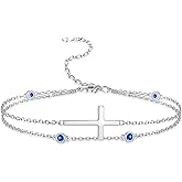 Sterling Silver Cross Birthstone Bracelet: Women Cross Month Stone Double Layer Chain Bracelet Birthday Gift