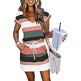 Womens Summer Dress Lantern Sleeve Square Neck Tie Front A-Line Double Layer Hem Mini Dresses