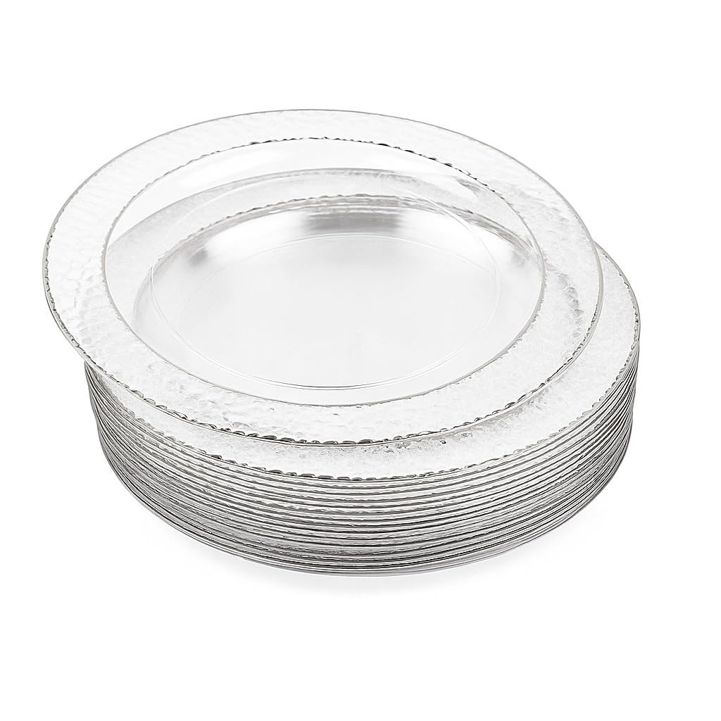 MATANA 20 Premium Clear Plastic Dessert Plates with Silver Rim, 19cm / 7 Inch - Elegant & Reusable Small Side Plates, Starter Plates for Weddings, Birthdays, Picnic, BBQ, Parties