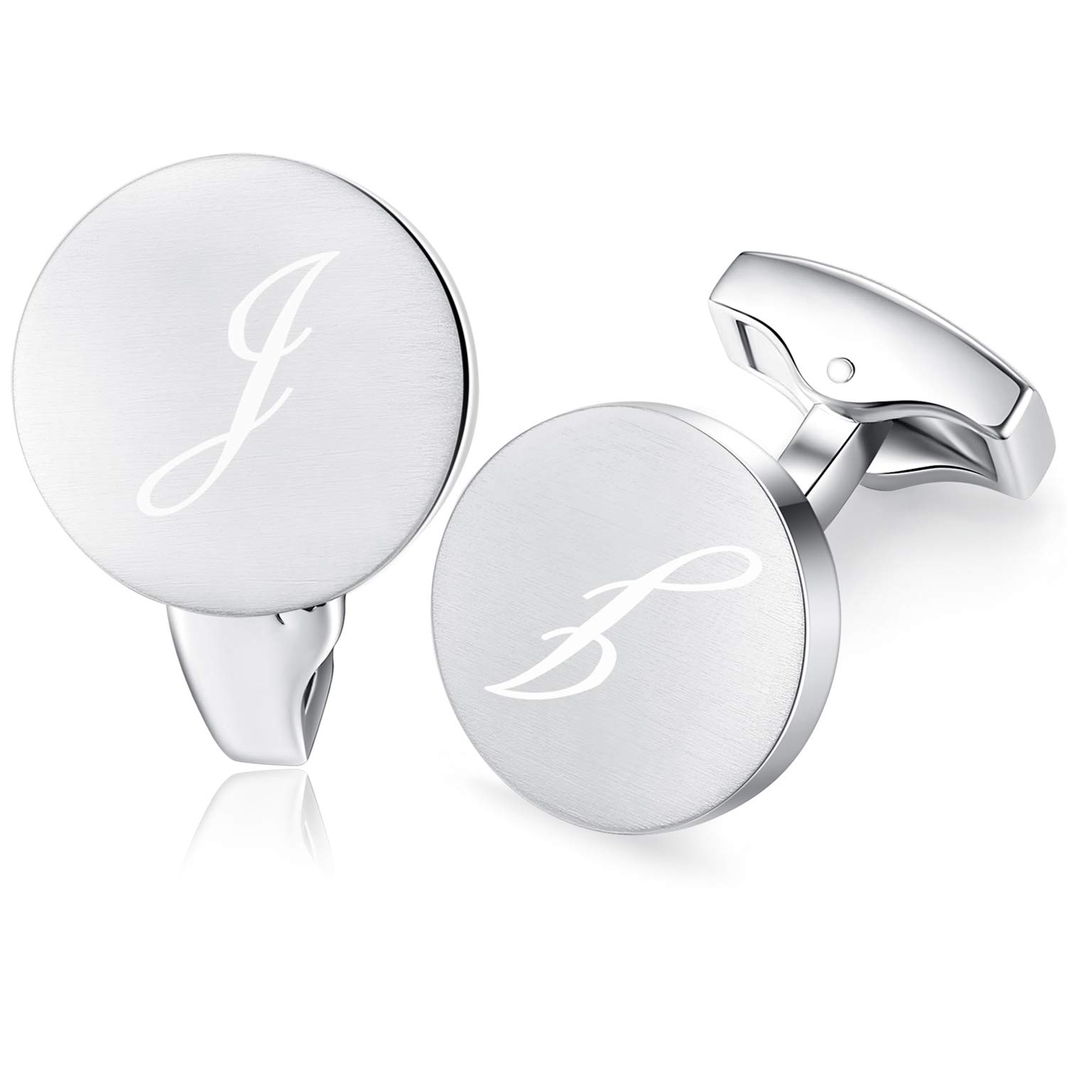 Honey Bear Initial Alphabet Letter Cufflinks for Men, Silver Round Shape Stainless Steel Wedding Business Gifts A - Z (J)