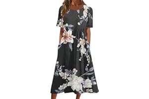 Barnrae Summer Dresses for Women 2024,Women's Summer Casual Fashion Printed Short Sleeve Round Neck Pocket Dress