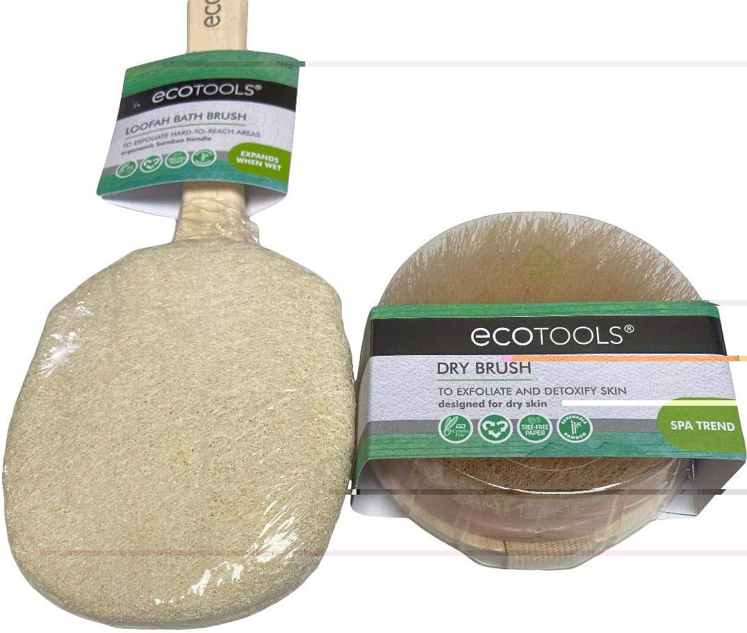 Dry Skin Aid by ecotools Exfoliating Loofah Sponge Brush w/Long Bamboo Handle for Body Bath or Shower Set