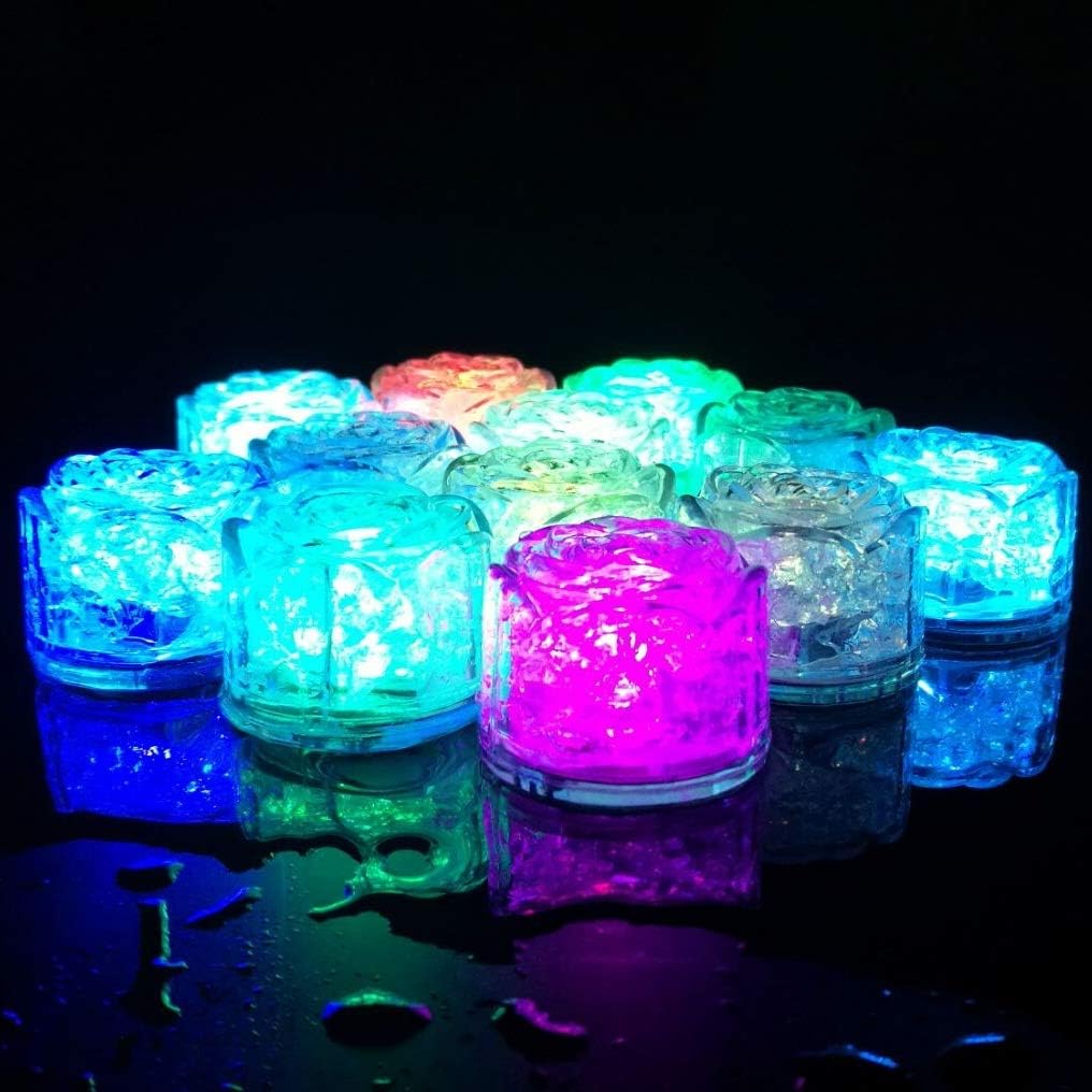 LED Ice Cubes Drinks Wine,Reusable Ice Cubes,Flashing LED Light Up Ice Cubes Rose Shaped,Water Activated,Liquid Sensor,Best For Event Party Wedding Decoration,12 Pcs