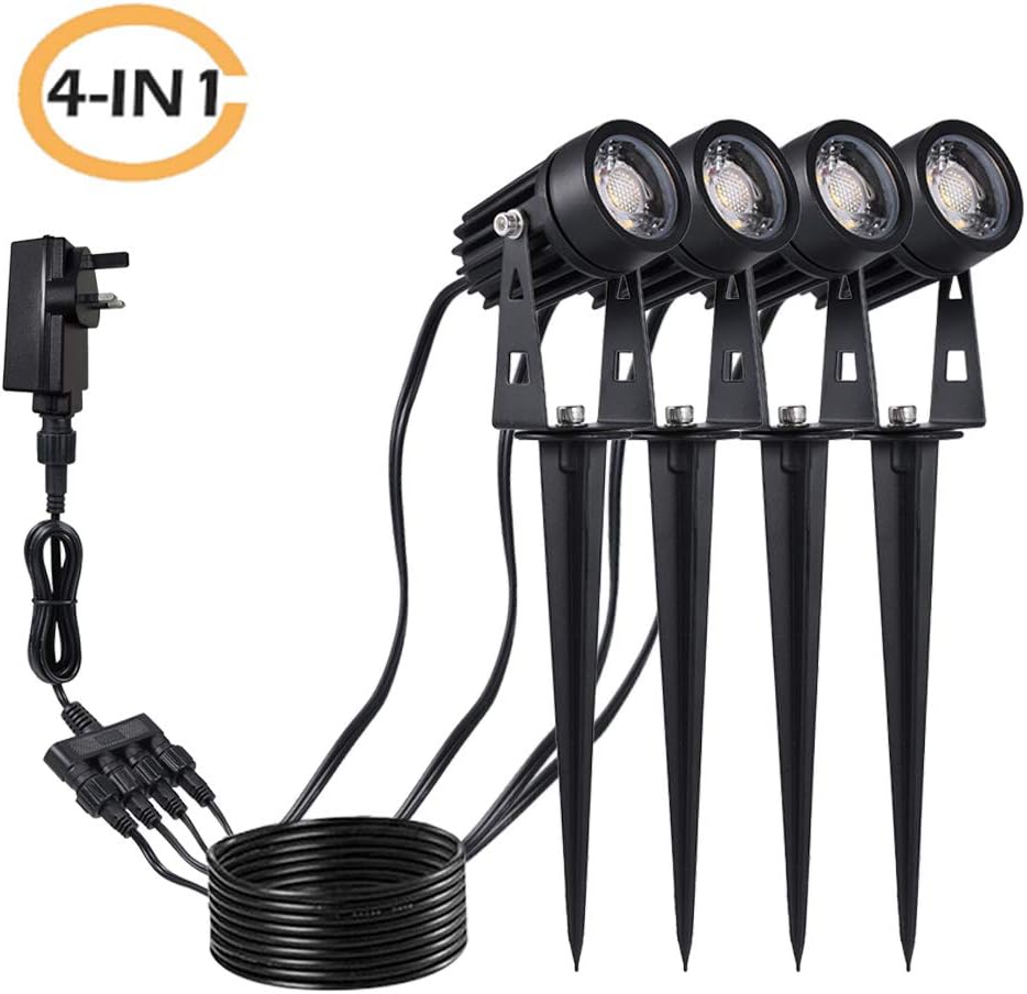 Tomshine 5W COB LED 4 Pack 12V Garden Spike Lights Mains Powered Ip65