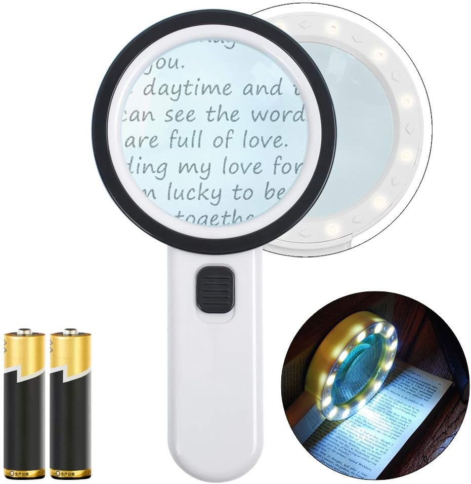 Magnifying Glass with Light, 20X Handheld Large Magnifying Glass 12 LED Illuminated Lighted Magnifier for Macular Degeneration, Seniors Reading, Soldering, Inspection, Coins, Jewelry(with Battery)