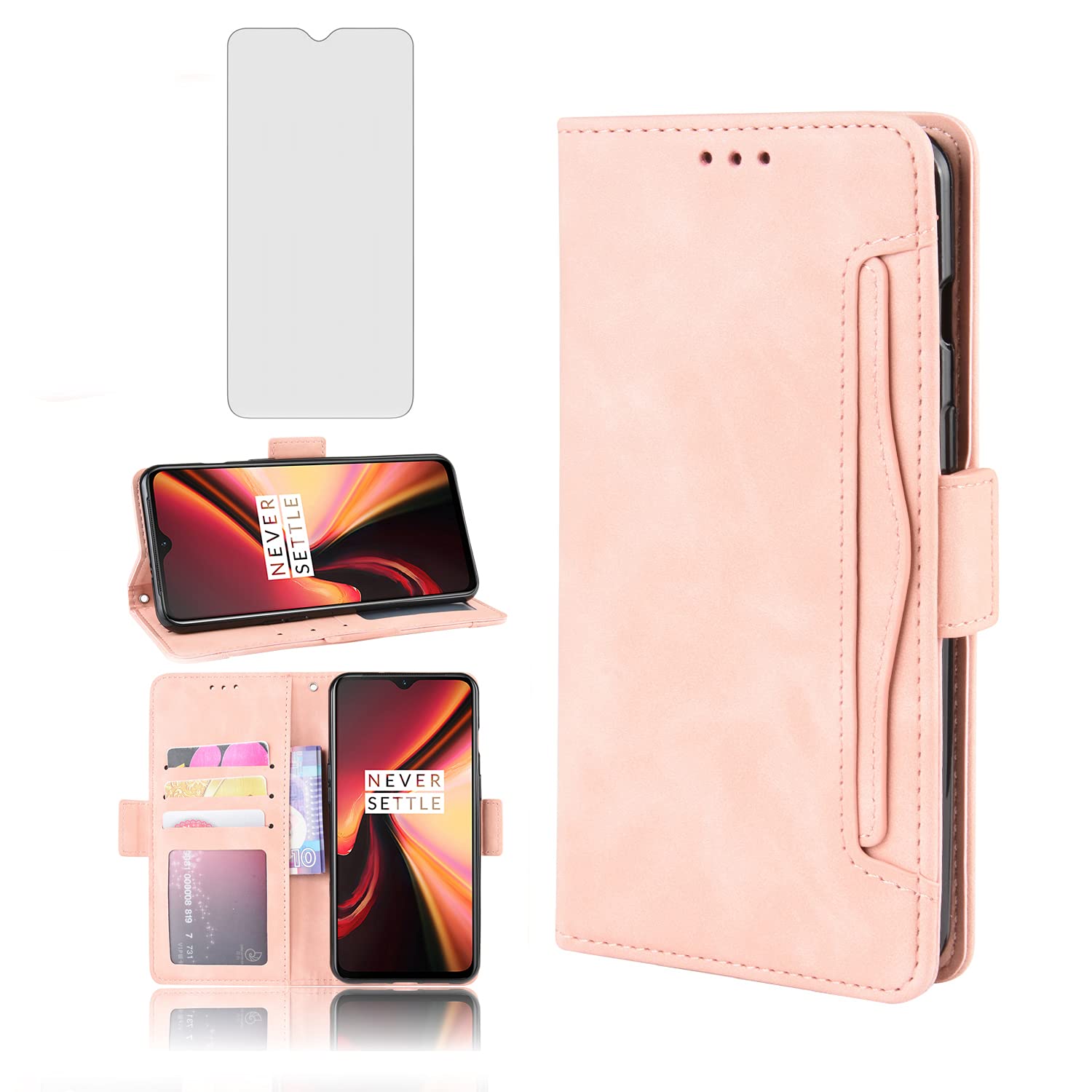 Phone Case for OnePlus 7 6T Wallet Purse Leather Flip With Tempered Glass Screen Protector Card Holder Slot Stand Kickstand OnePlus6T A6013 OnePlus7 GM1900 One Plus6T 1+ Plus7 1 Plus 1plus T6 Pink