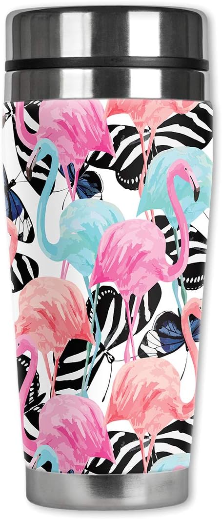 Mugzie 20 Ounce Stainless Steel Travel Mug with Wetsuit Cover - Flamingos & Butterflies